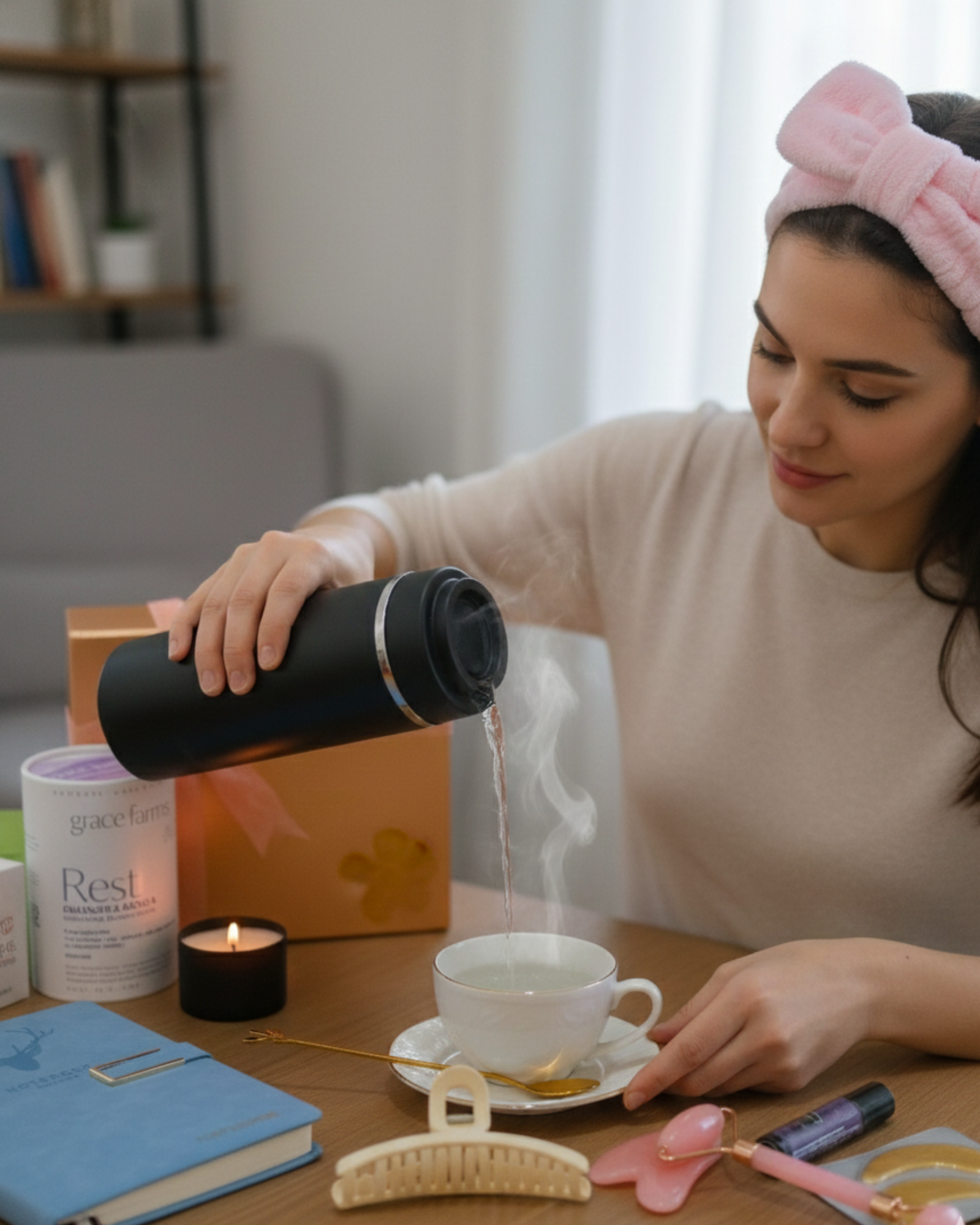 Luxury Women’s Wellness Retreat Kit – Tea, Affirmation, Candle, Sleep Mask & Journal